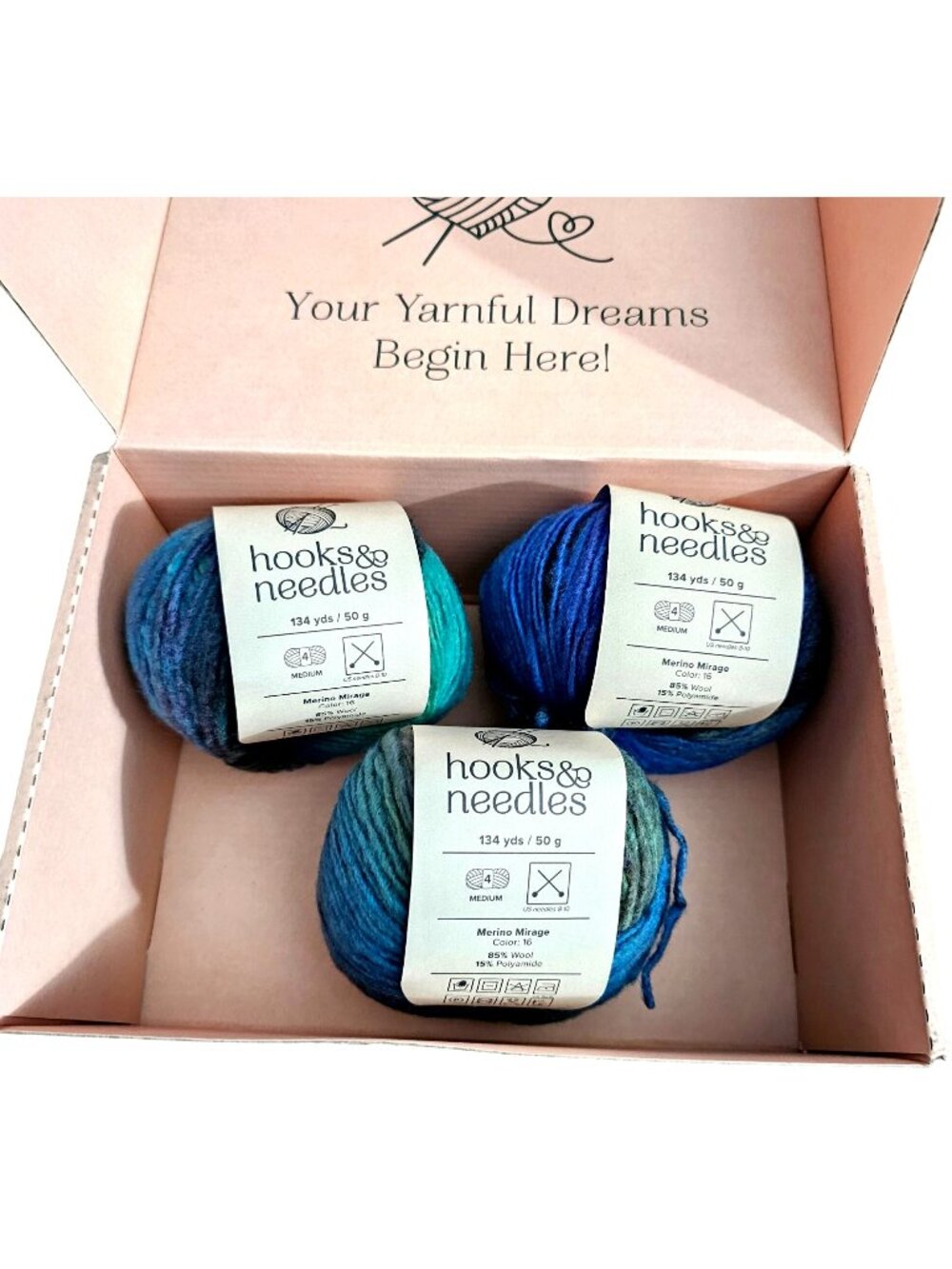 Hooks & Needles Merino Mirage Yarn Set - 3 Balls 134 Yds Each Medium Weight 85%